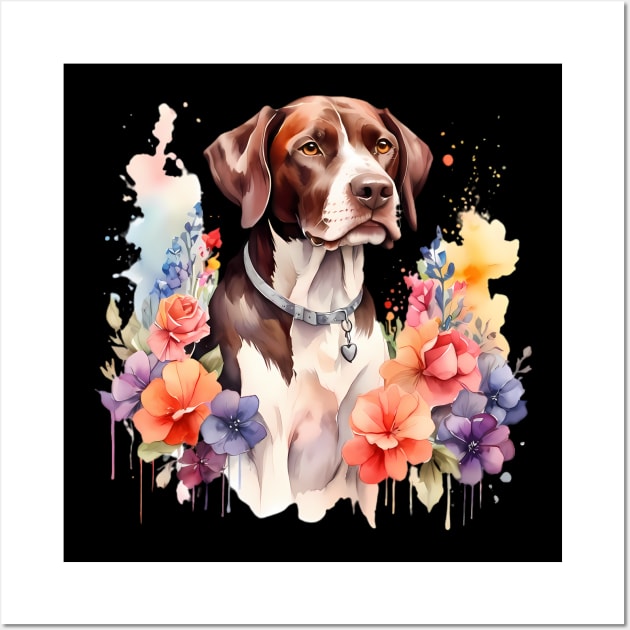 A pointer dog decorated with beautiful watercolor flowers Wall Art by CreativeSparkzz